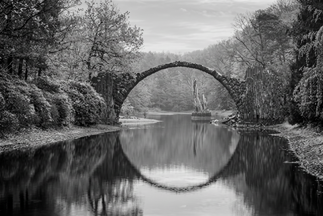 Black-and-white photograph of an arched stone bridge reflected in still water
